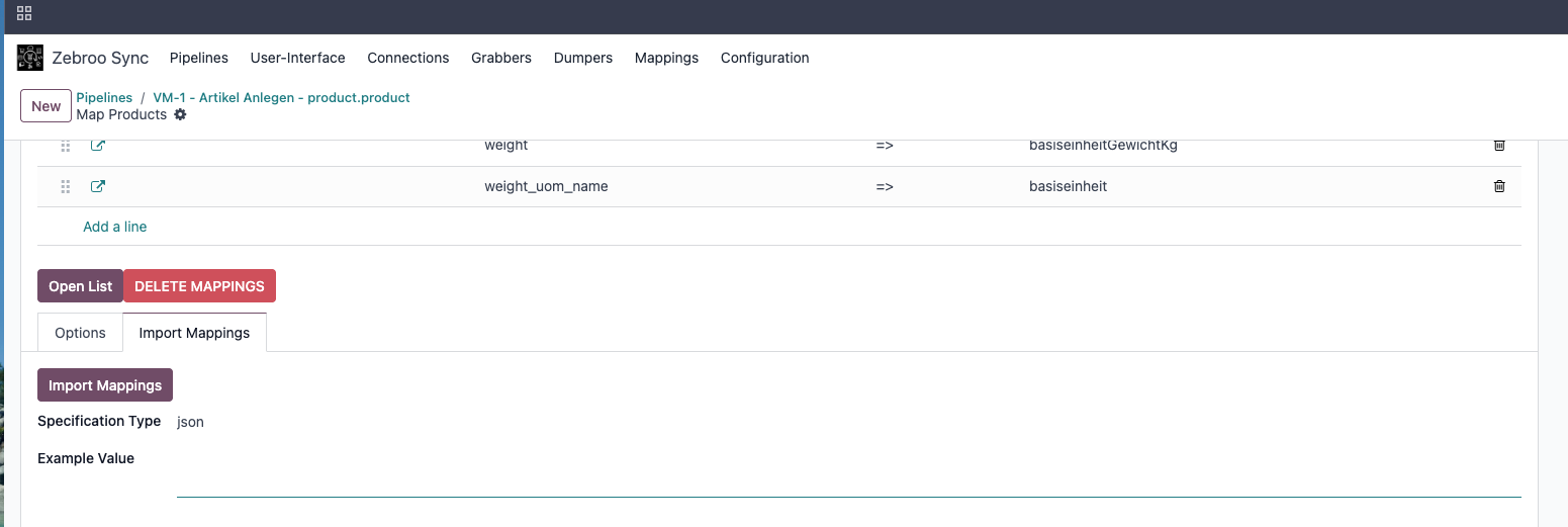 Zebroo Sync interface showing product mapping options and import specifications.