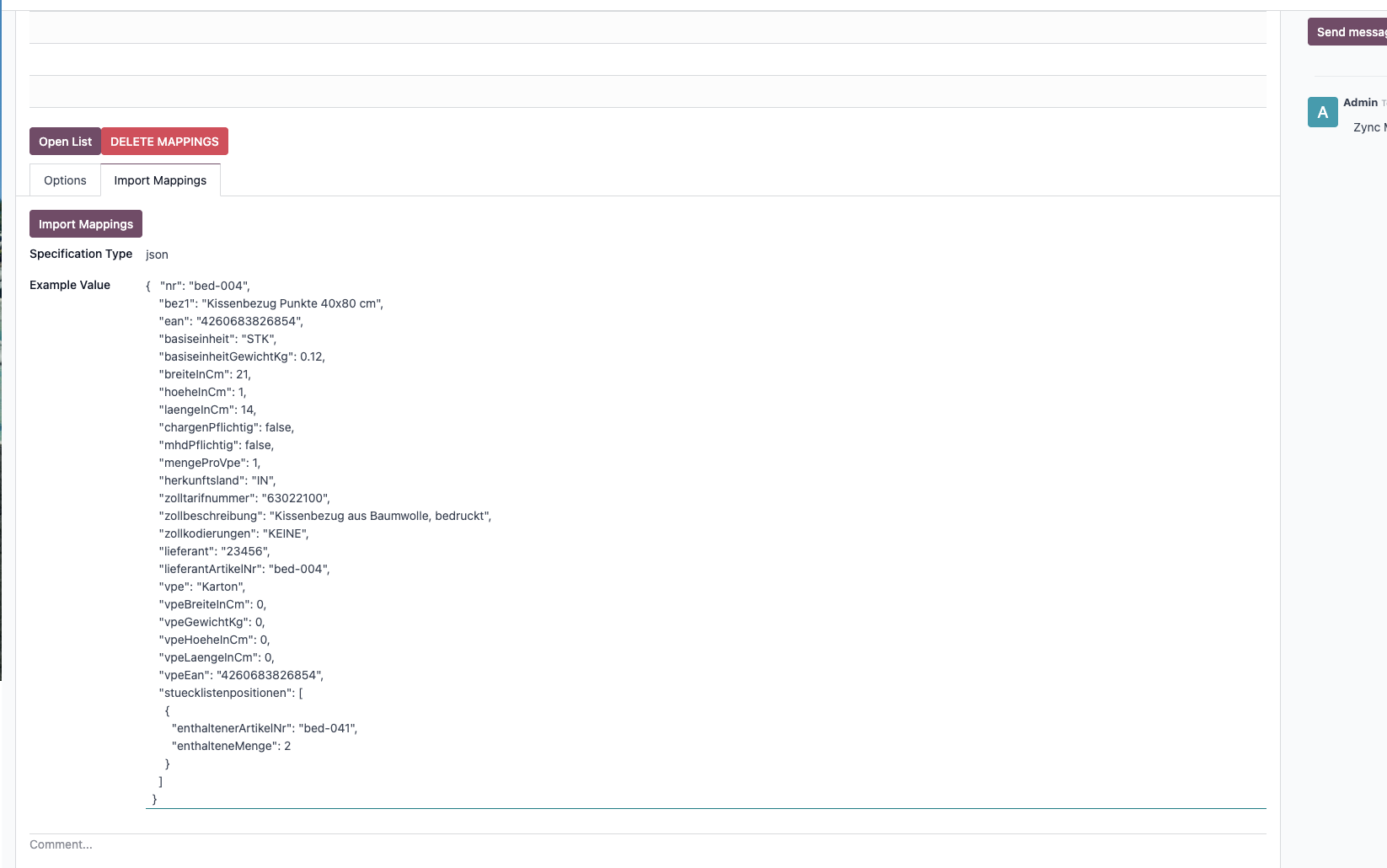 JSON example value for product specifications including various attributes and details.