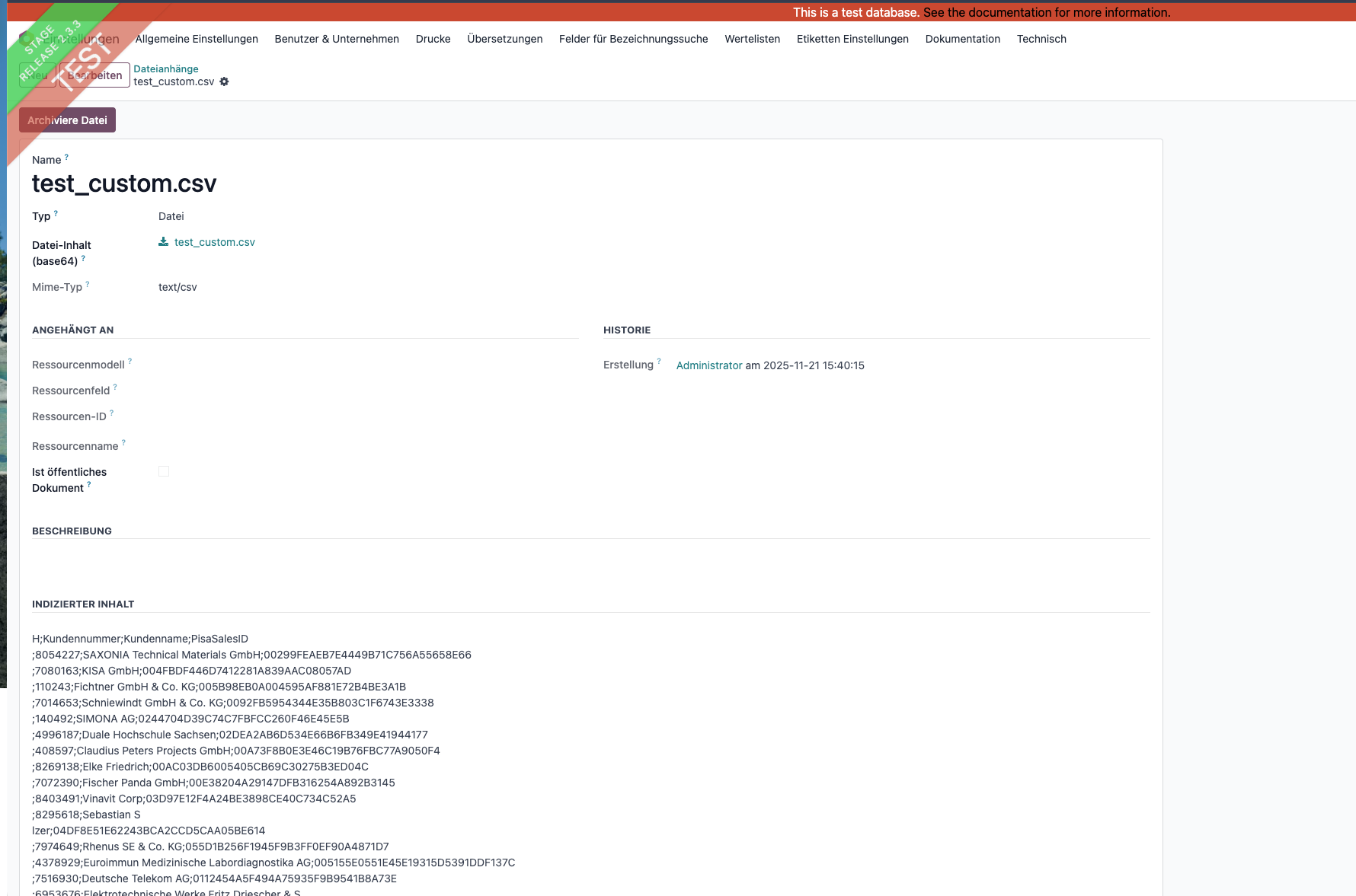 Document details for test_custom.csv including history and description sections.