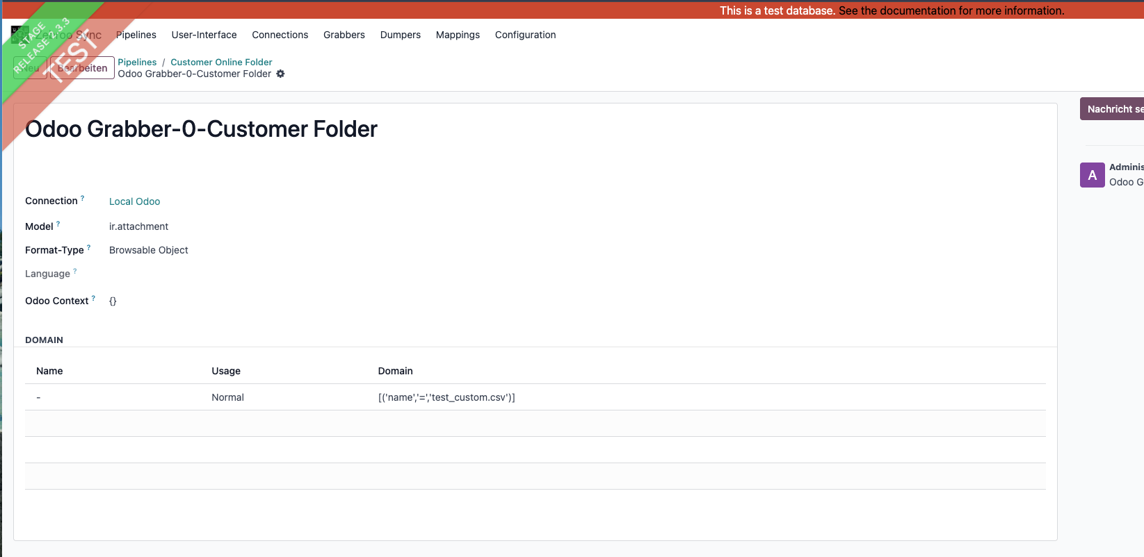 Odoo interface displaying customer folder settings and connection details for attachments.