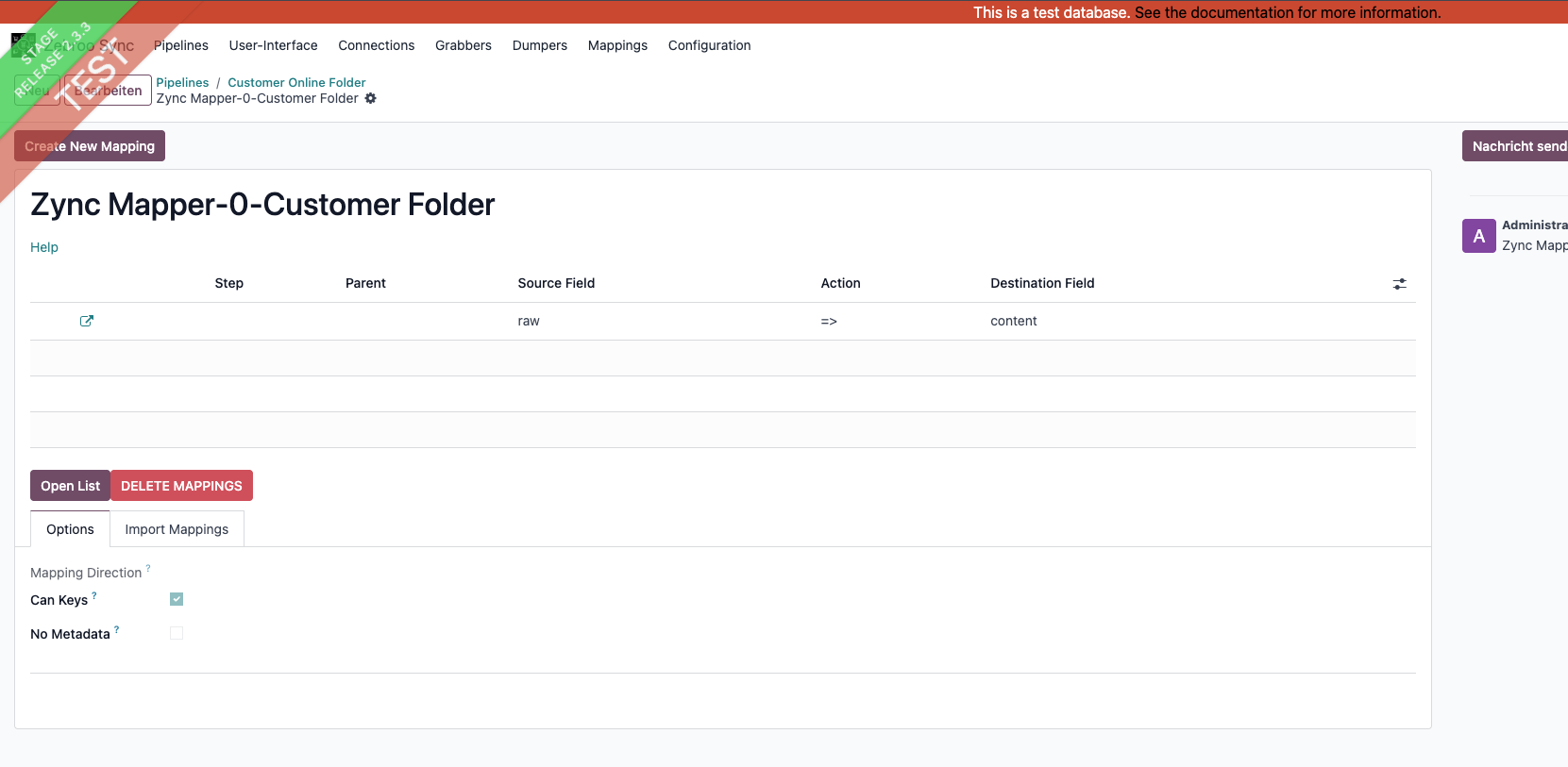 zSYNC Mapper interface showing customer folder mapping options and settings for data import.