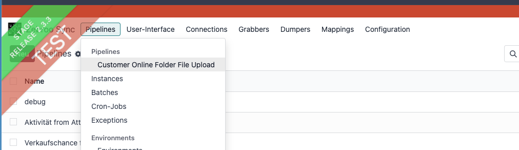 Menu options for pipelines, highlighting customer online folder file upload feature.