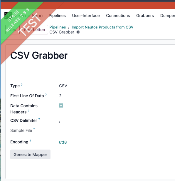 CSV Grabber settings including data type, headers, and encoding options for import.