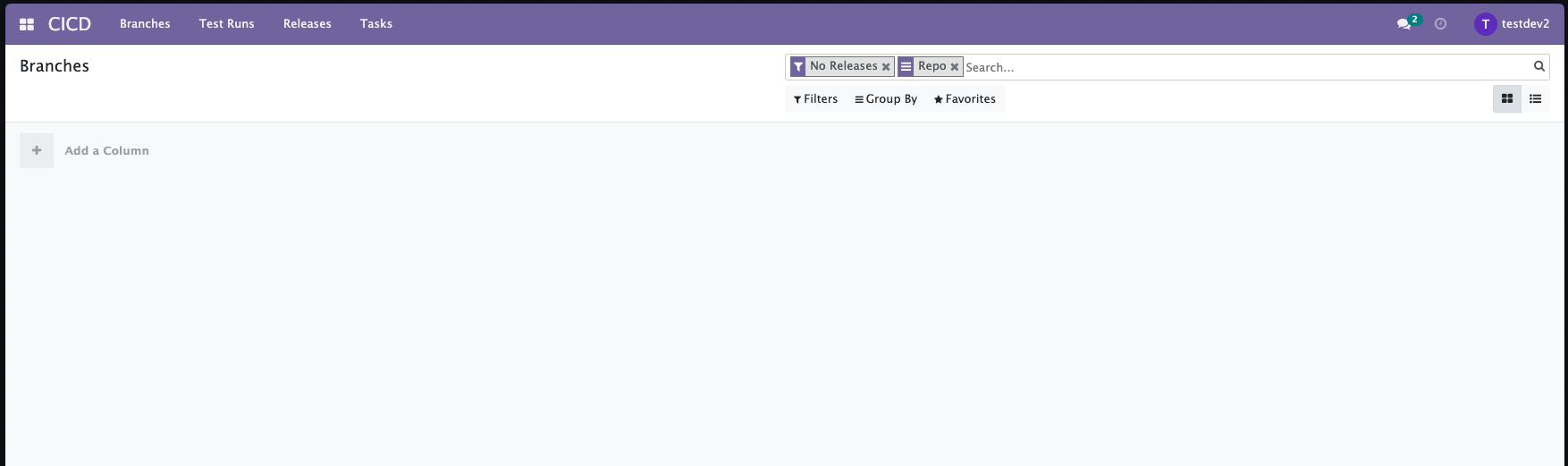 A user with no zCICD role sees an empty Branches list