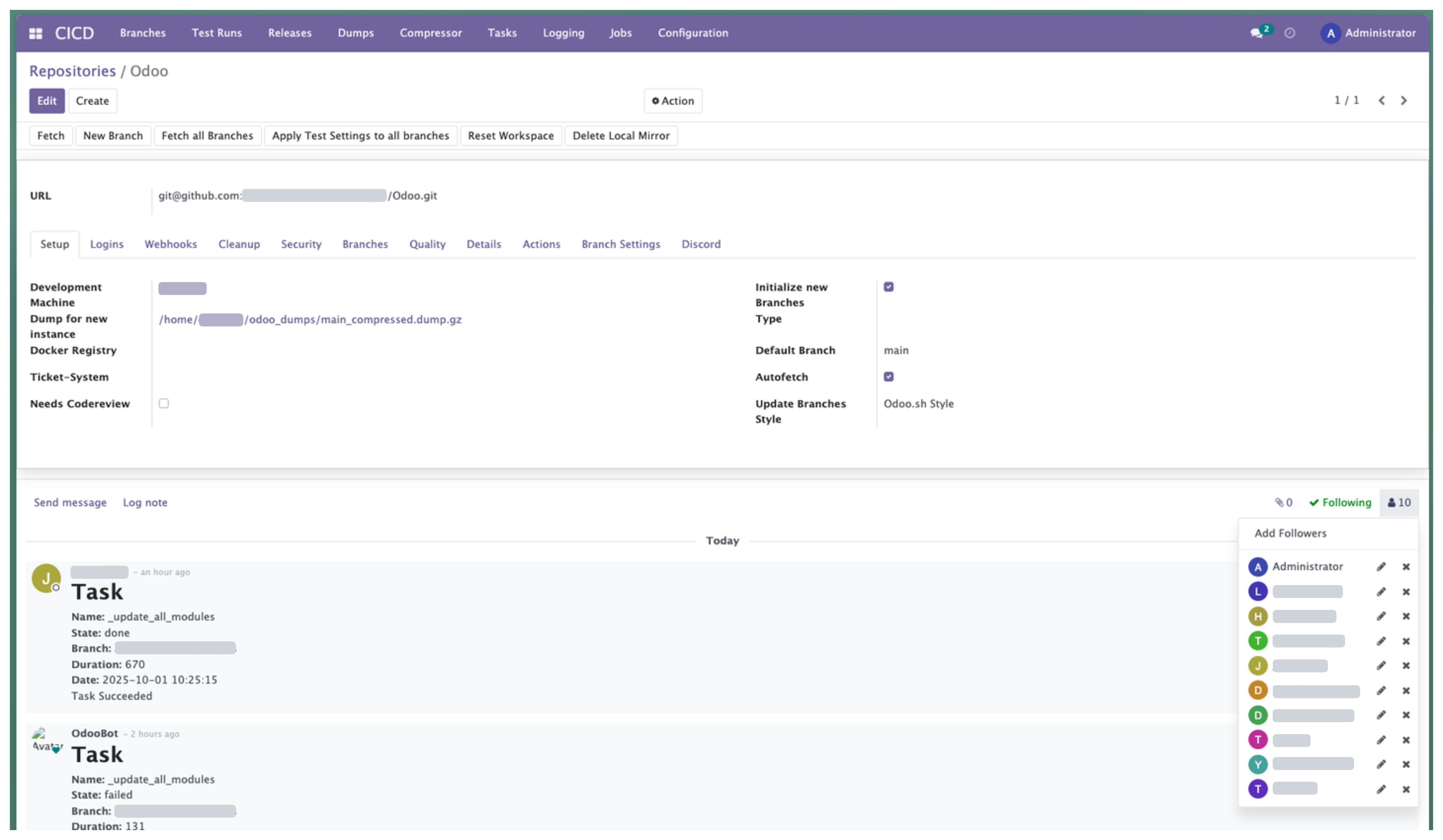 The followers list on the repository form